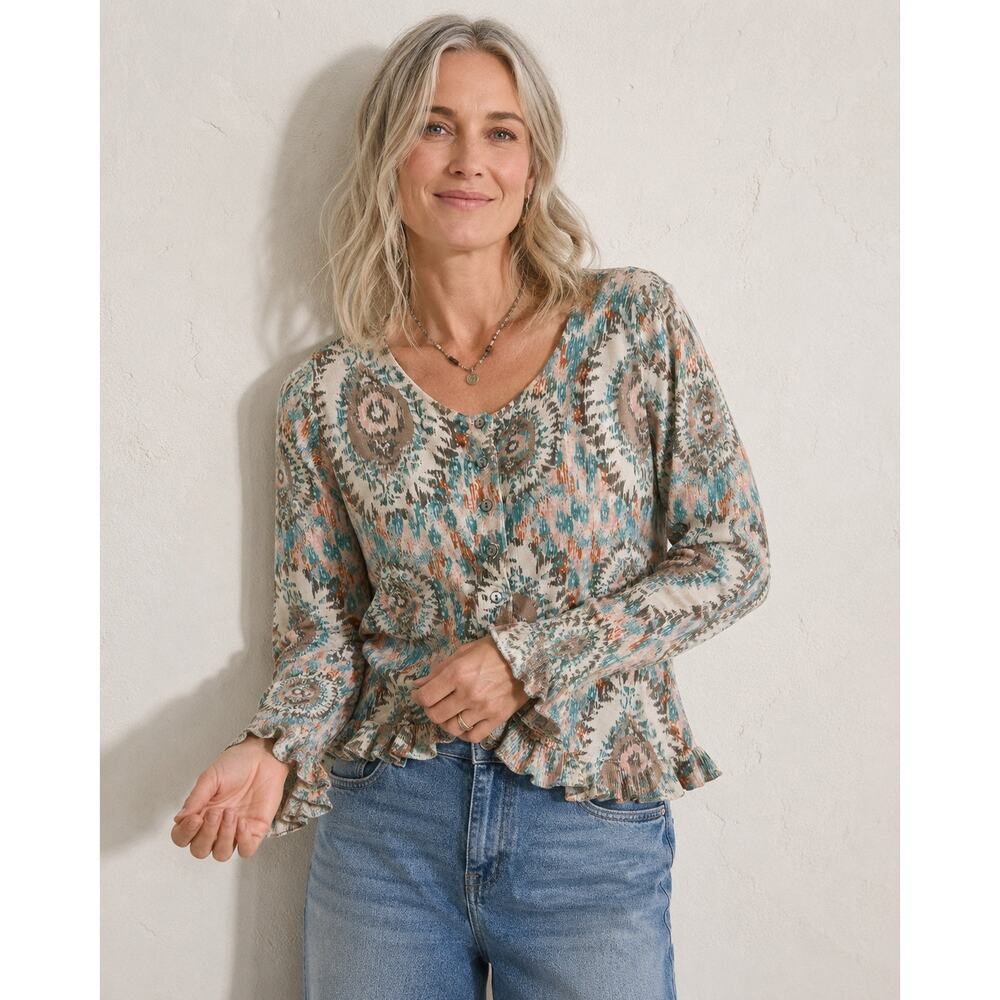 Sundance Petite Medium Cotton Paisley Henley Sweater Boho Peplum Top